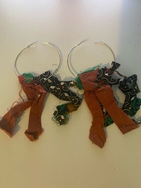Boho Fabric Tassel Hoop Earrings in Rust and Green
